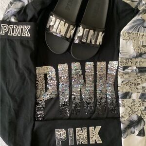 Victoria’s Secret PINK BLING Tropical Palm Hoodie Ombré Shirt Leggings L Slides